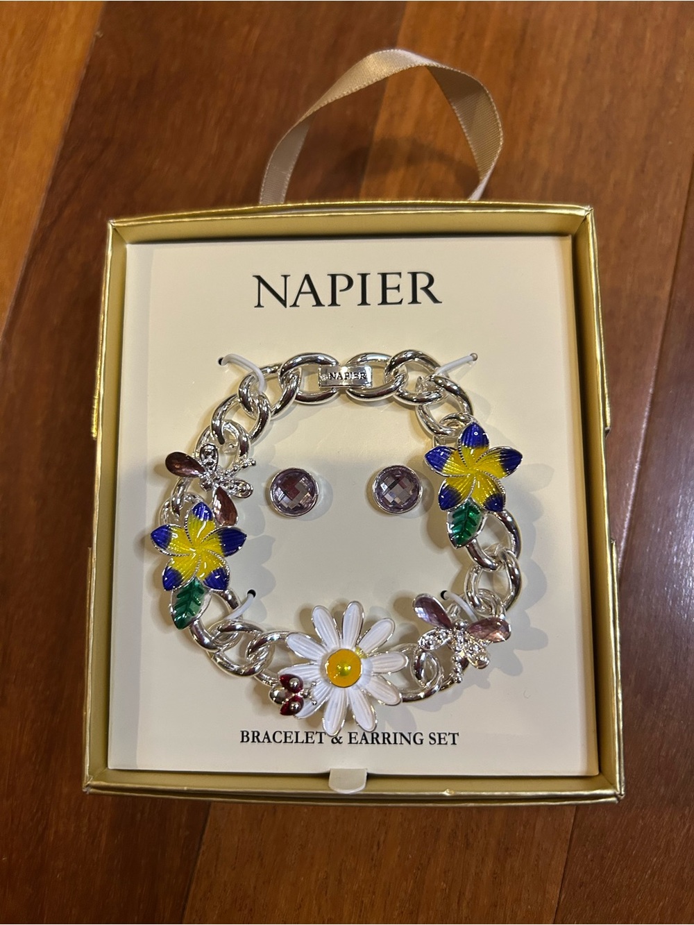 Napier Silver Tone Floral Charm Bracelet & Earring Set - White, Yellow, Blue